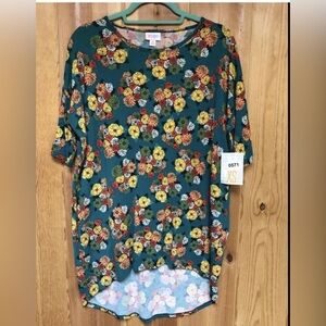 NWT LuLaRoe Irma Tee High Low Tunic Style XS Tshirt Green w/flowers